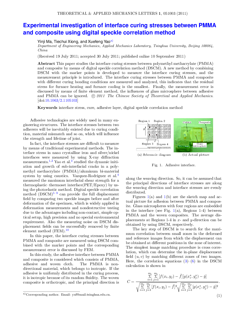 عکس صفحه اول مقاله: Experimental investigation of interface curing stresses between PMMA and composite using digital speckle correlation method Experimental investigation of interface curing stresses between PMMA and composite using digital speckle correlation method