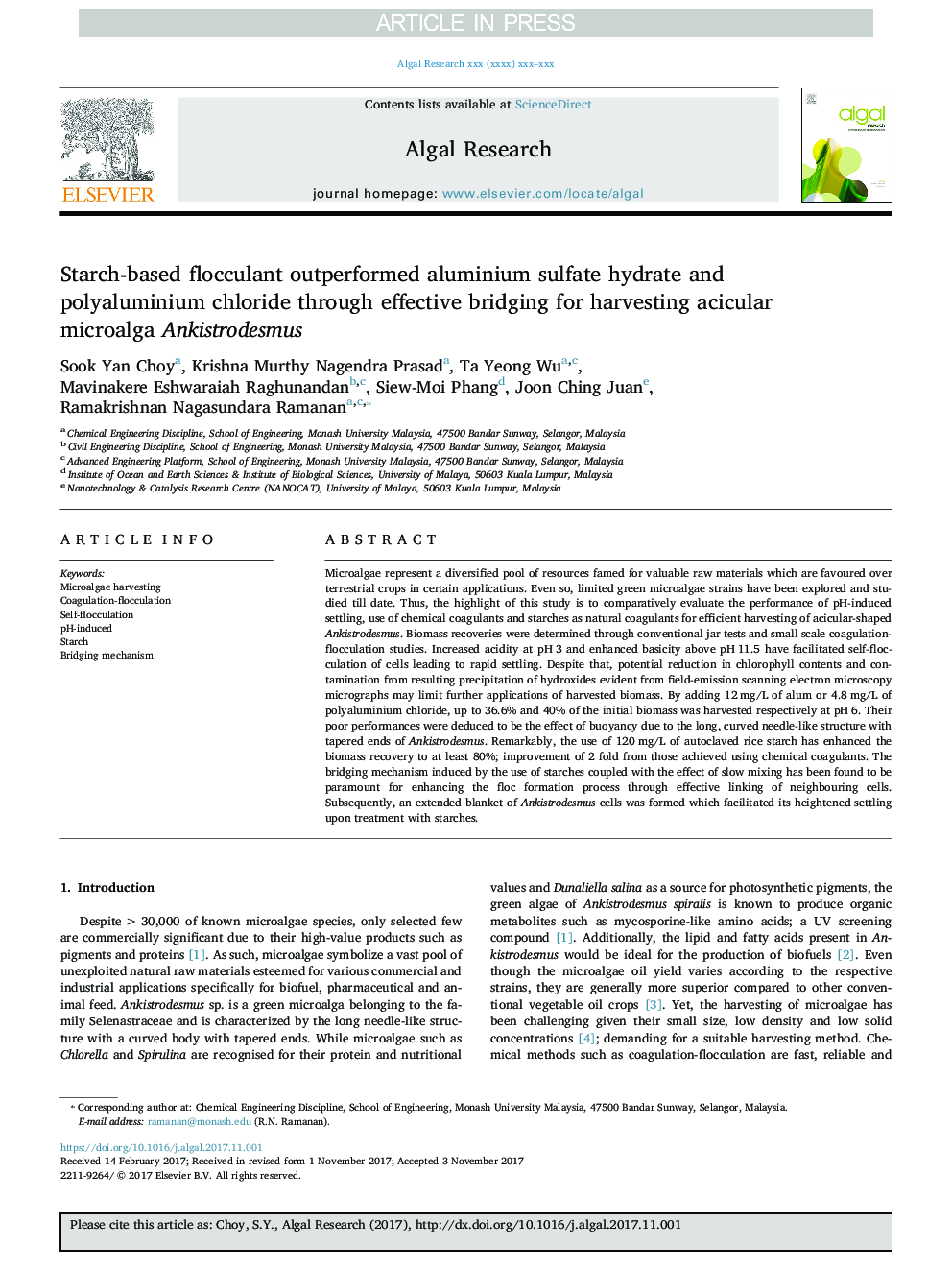 Starch-based flocculant outperformed aluminium sulfate hydrate and polyaluminium chloride through effective bridging for harvesting acicular microalga Ankistrodesmus