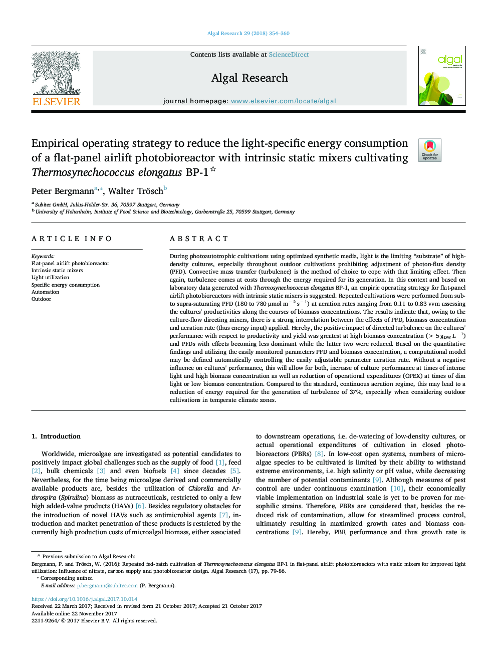 Empirical operating strategy to reduce the light-specific energy consumption of a flat-panel airlift photobioreactor with intrinsic static mixers cultivating Thermosynechococcus elongatus BP-1