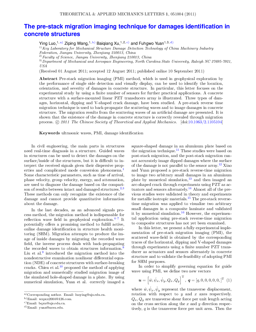 The pre-stack migration imaging technique for damages identification in concrete structures