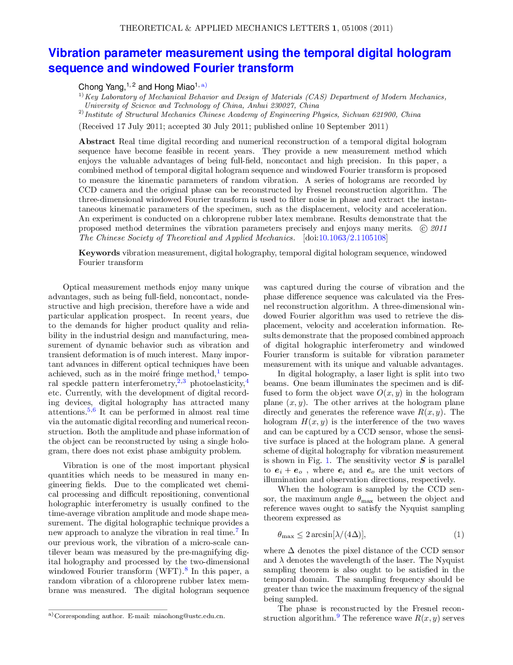 Vibration parameter measurement using the temporal digital hologram sequence and windowed Fourier transform