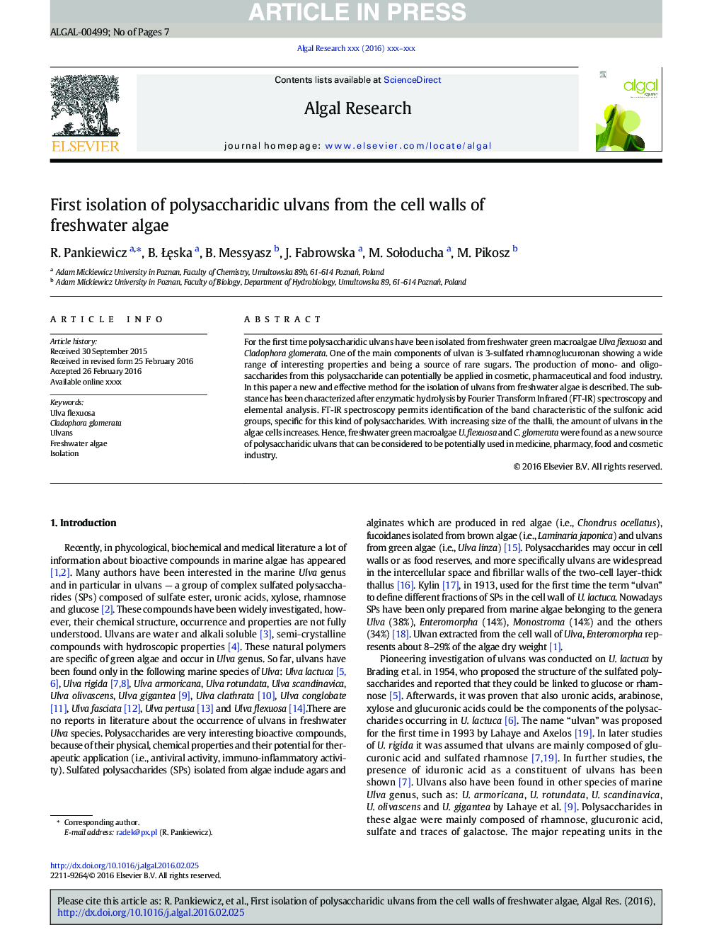 First isolation of polysaccharidic ulvans from the cell walls of freshwater algae