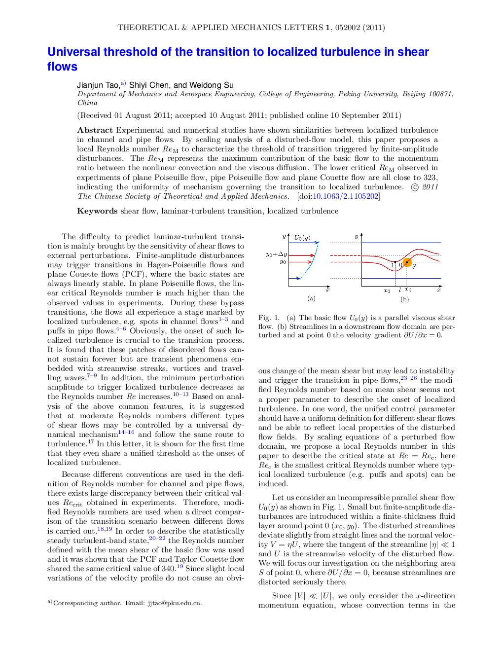 عکس صفحه اول مقاله: Universal threshold of the transition to localized turbulence in shear flows Universal threshold of the transition to localized turbulence in shear flows