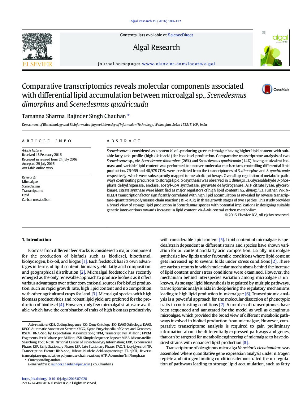 Comparative transcriptomics reveals molecular components associated with differential lipid accumulation between microalgal sp., Scenedesmus dimorphus and Scenedesmus quadricauda