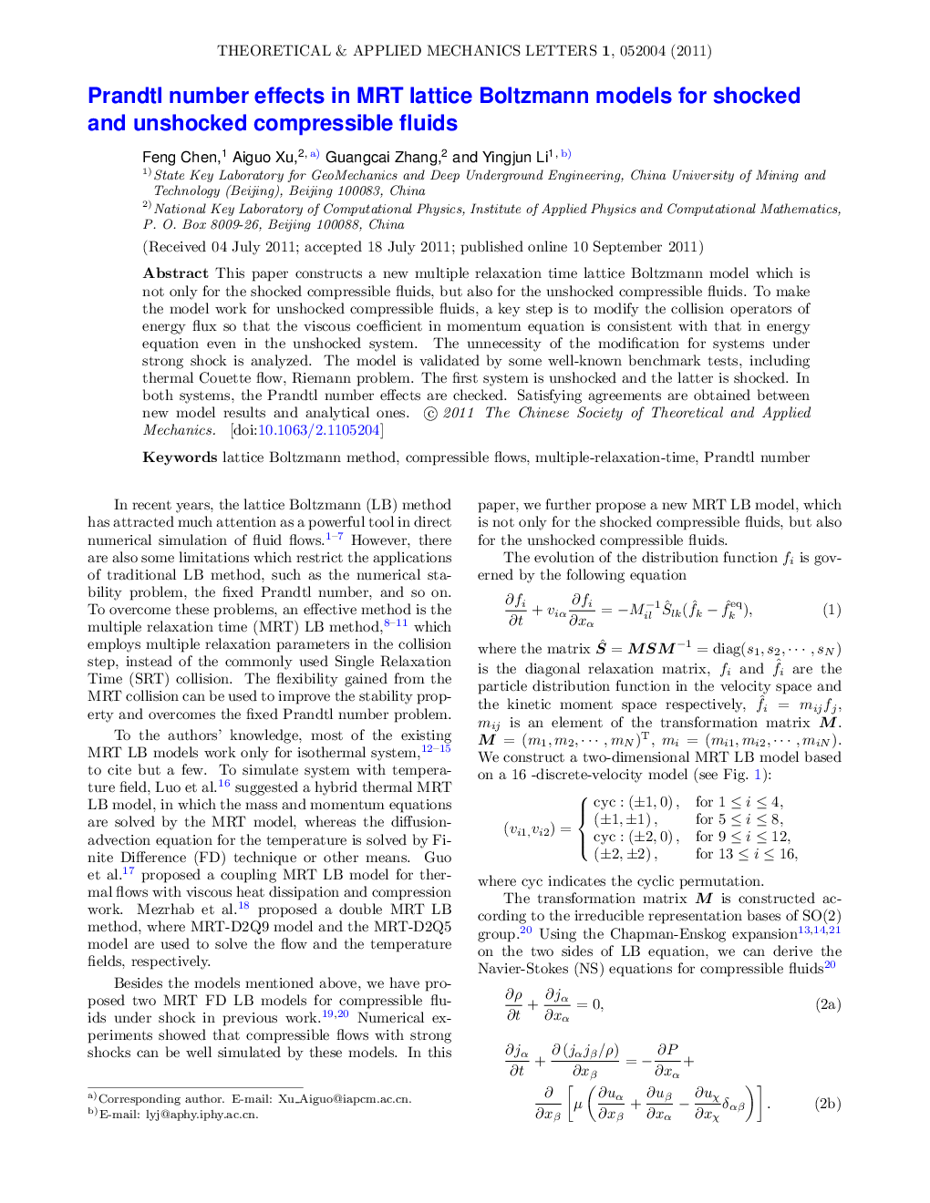 Prandtl number effects in MRT lattice Boltzmann models for shocked and unshocked compressible fluids