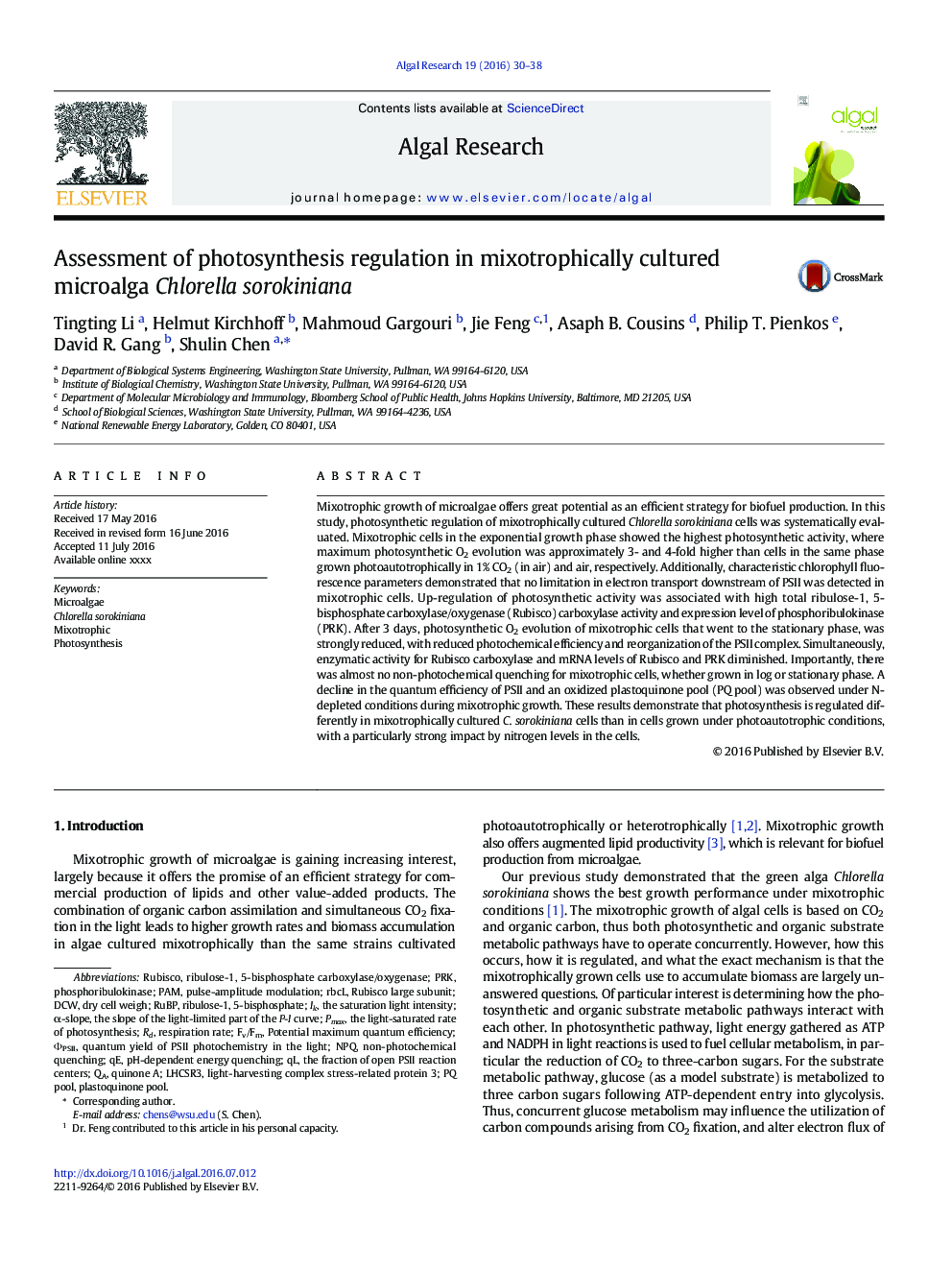 Assessment of photosynthesis regulation in mixotrophically cultured microalga Chlorella sorokiniana