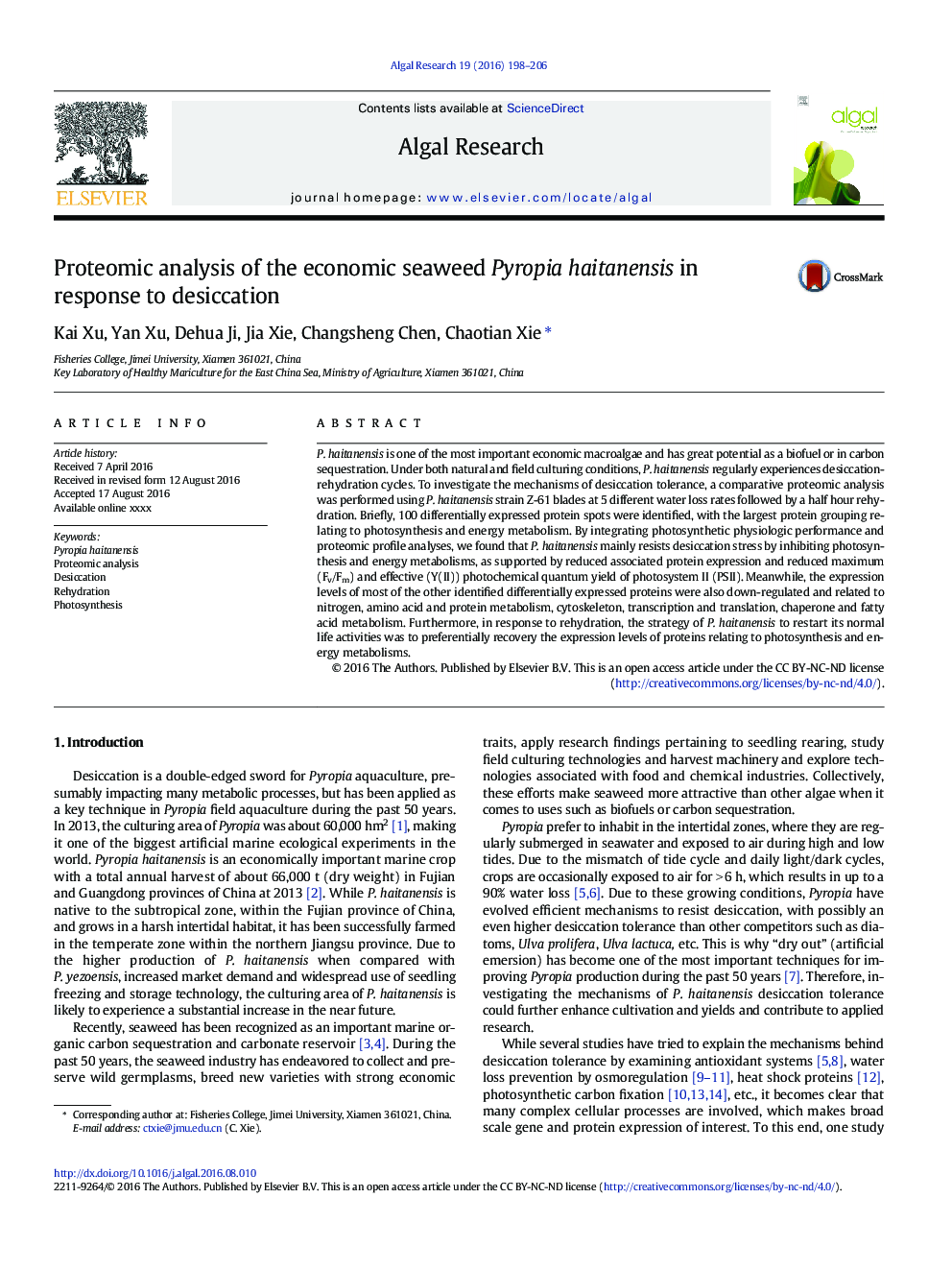 Proteomic analysis of the economic seaweed Pyropia haitanensis in response to desiccation