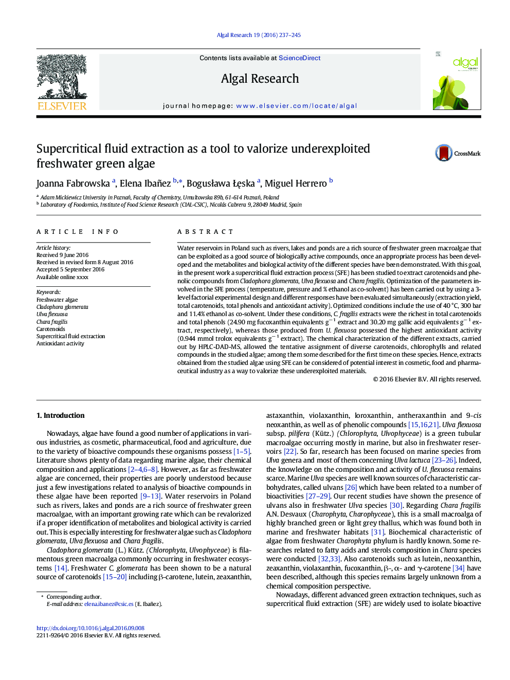 Supercritical fluid extraction as a tool to valorize underexploited freshwater green algae