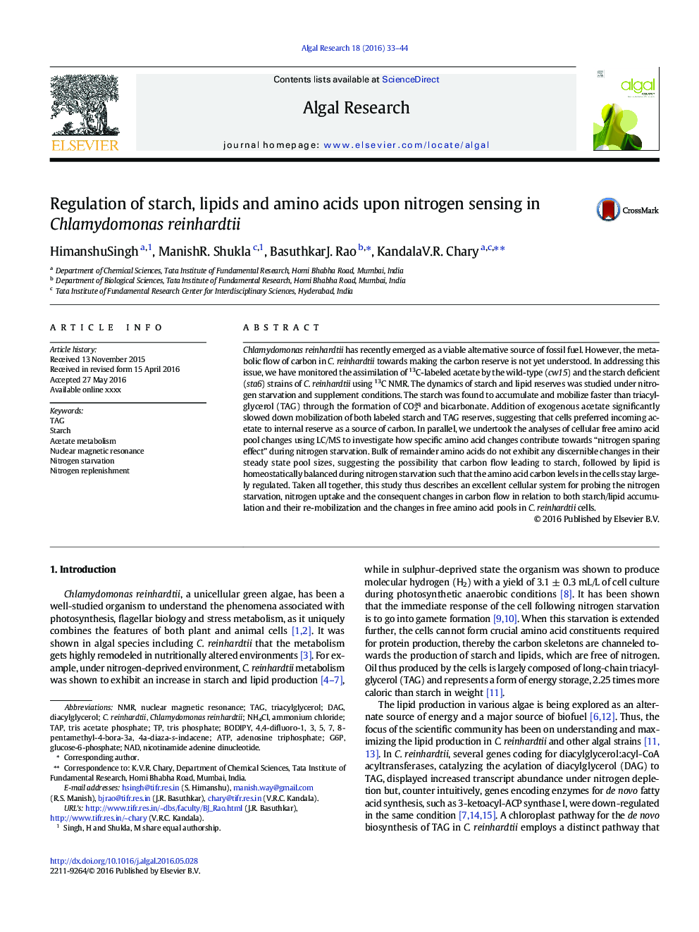 Regulation of starch, lipids and amino acids upon nitrogen sensing in Chlamydomonas reinhardtii