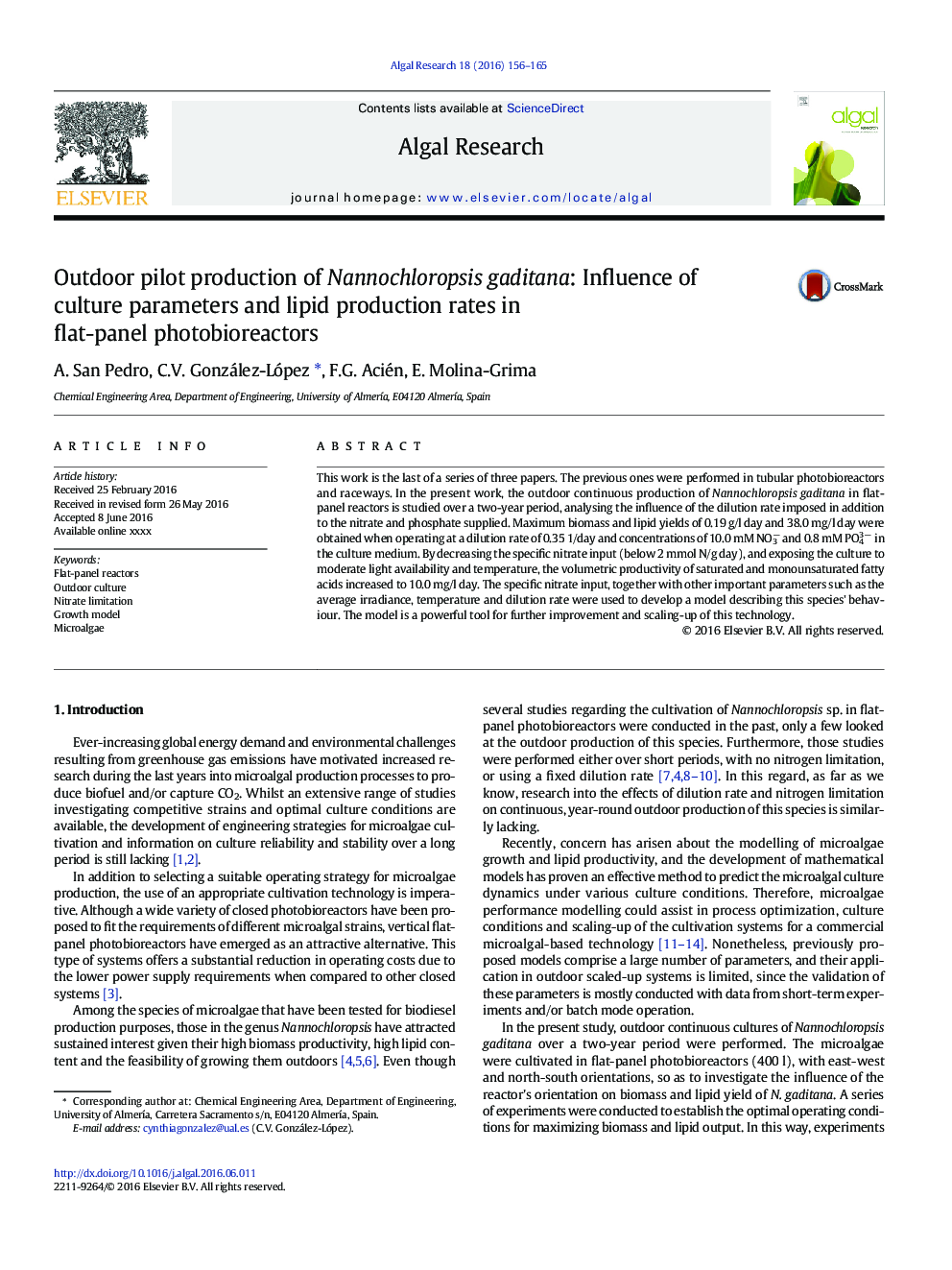 Outdoor pilot production of Nannochloropsis gaditana: Influence of culture parameters and lipid production rates in flat-panel photobioreactors