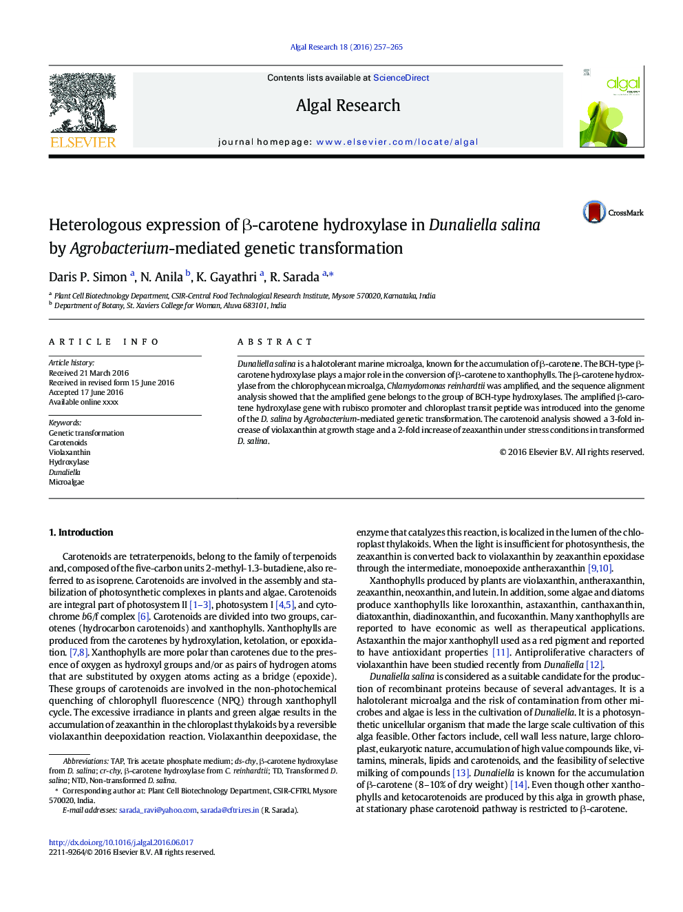Heterologous expression of Î²-carotene hydroxylase in Dunaliella salina by Agrobacterium-mediated genetic transformation