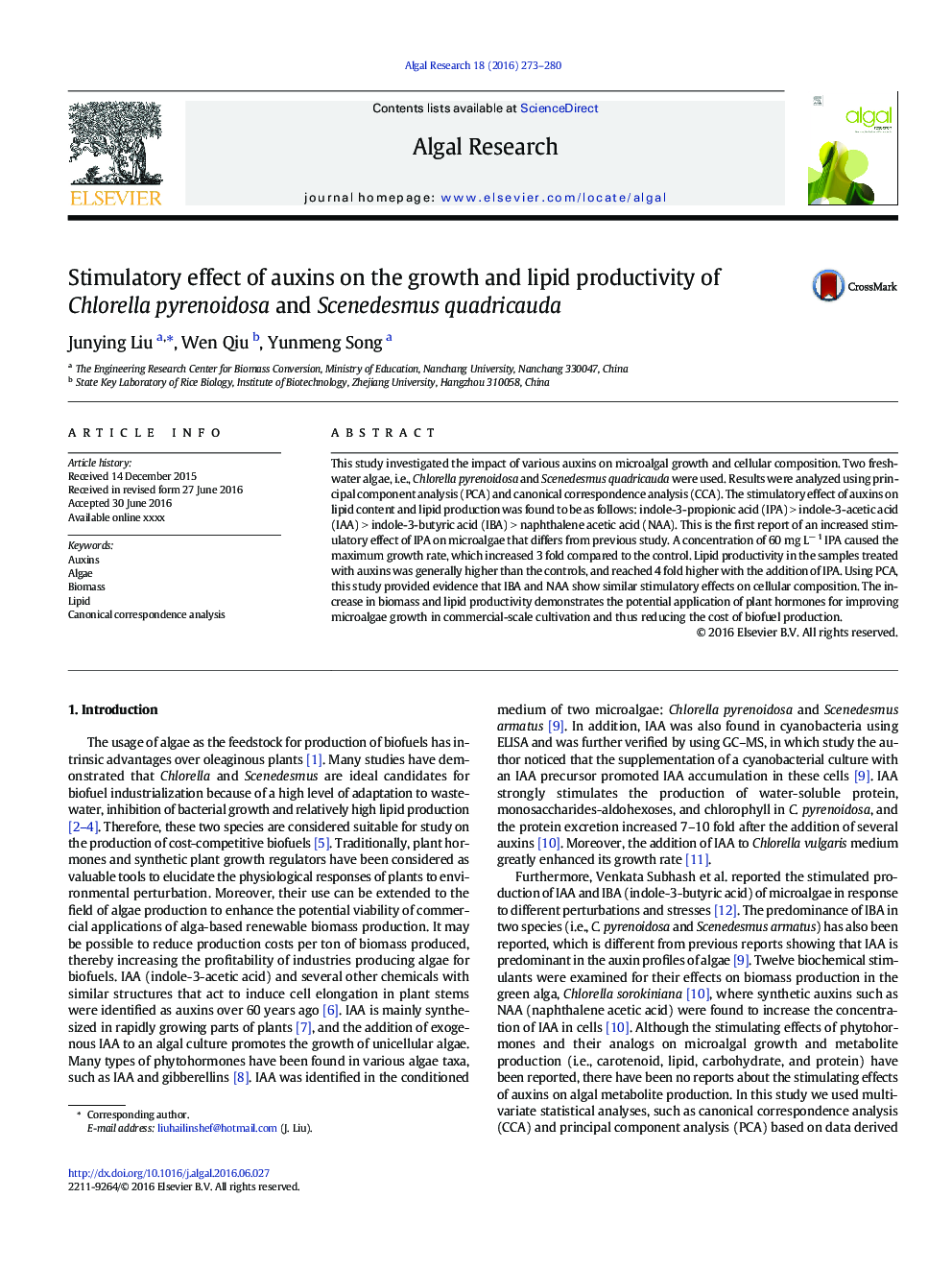 Stimulatory effect of auxins on the growth and lipid productivity of Chlorella pyrenoidosa and Scenedesmus quadricauda