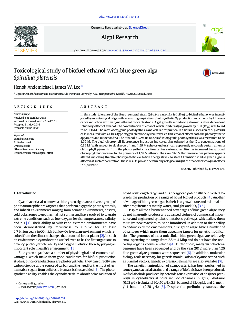 Toxicological study of biofuel ethanol with blue green alga Spirulina platensis
