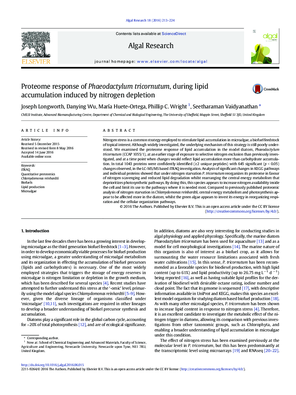 Proteome response of Phaeodactylum tricornutum, during lipid accumulation induced by nitrogen depletion