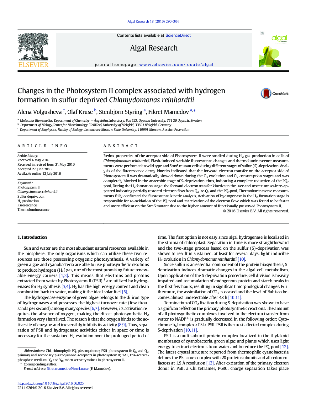 Changes in the Photosystem II complex associated with hydrogen formation in sulfur deprived Chlamydomonas reinhardtii