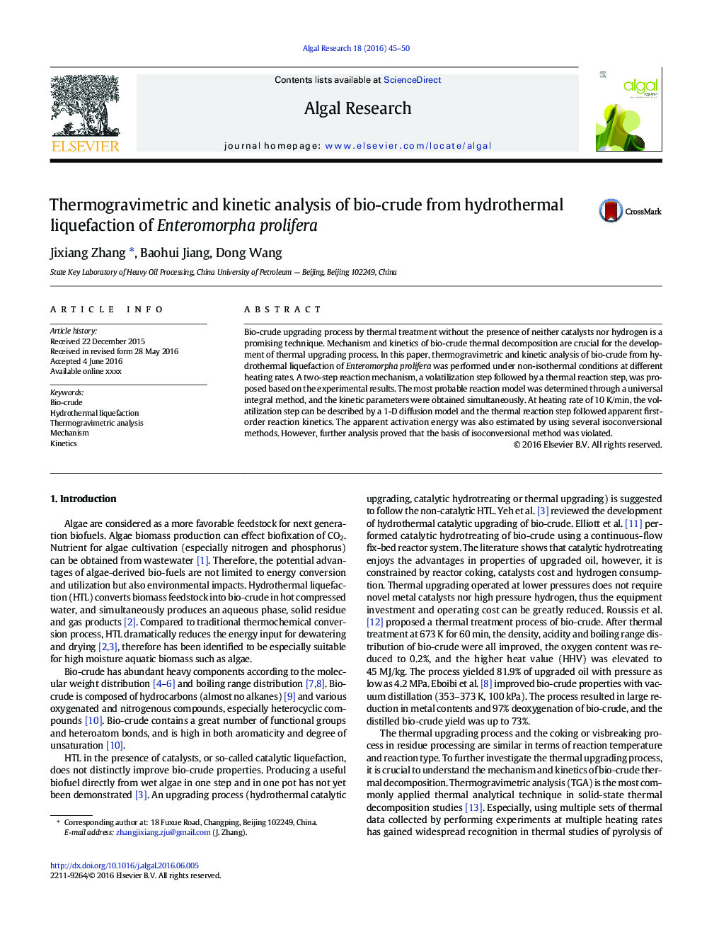 تجزیه و تحلیل ترموگرامتری و جنبشی بیولوژیکی از روانکاری هیدروترمال انتروپارفال پرویفر 