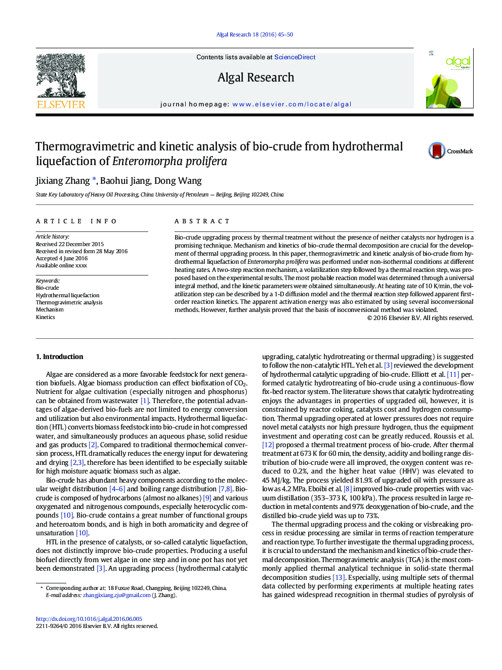 Thermogravimetric and kinetic analysis of bio-crude from hydrothermal liquefaction of Enteromorpha prolifera