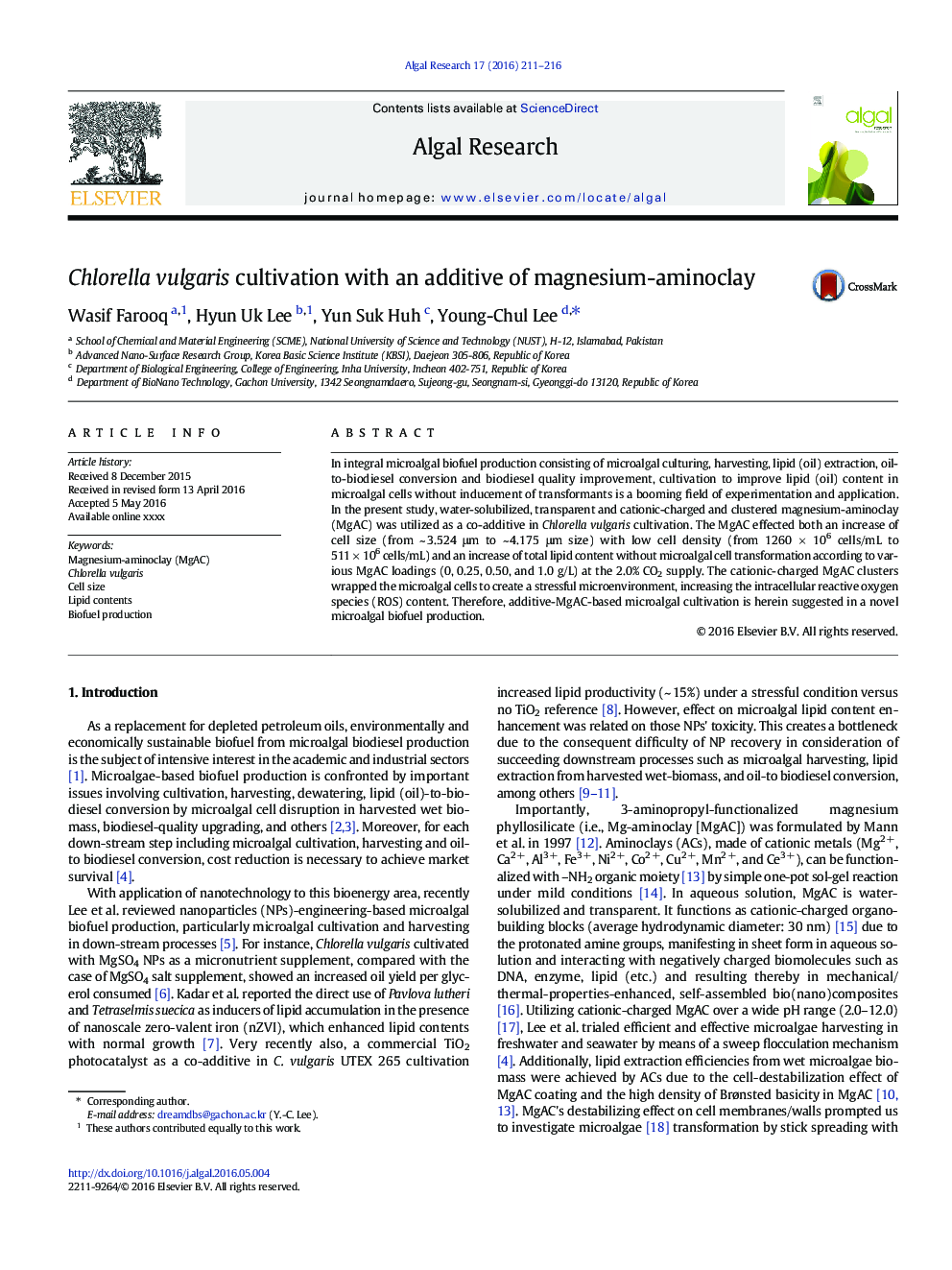 Chlorella vulgaris cultivation with an additive of magnesium-aminoclay