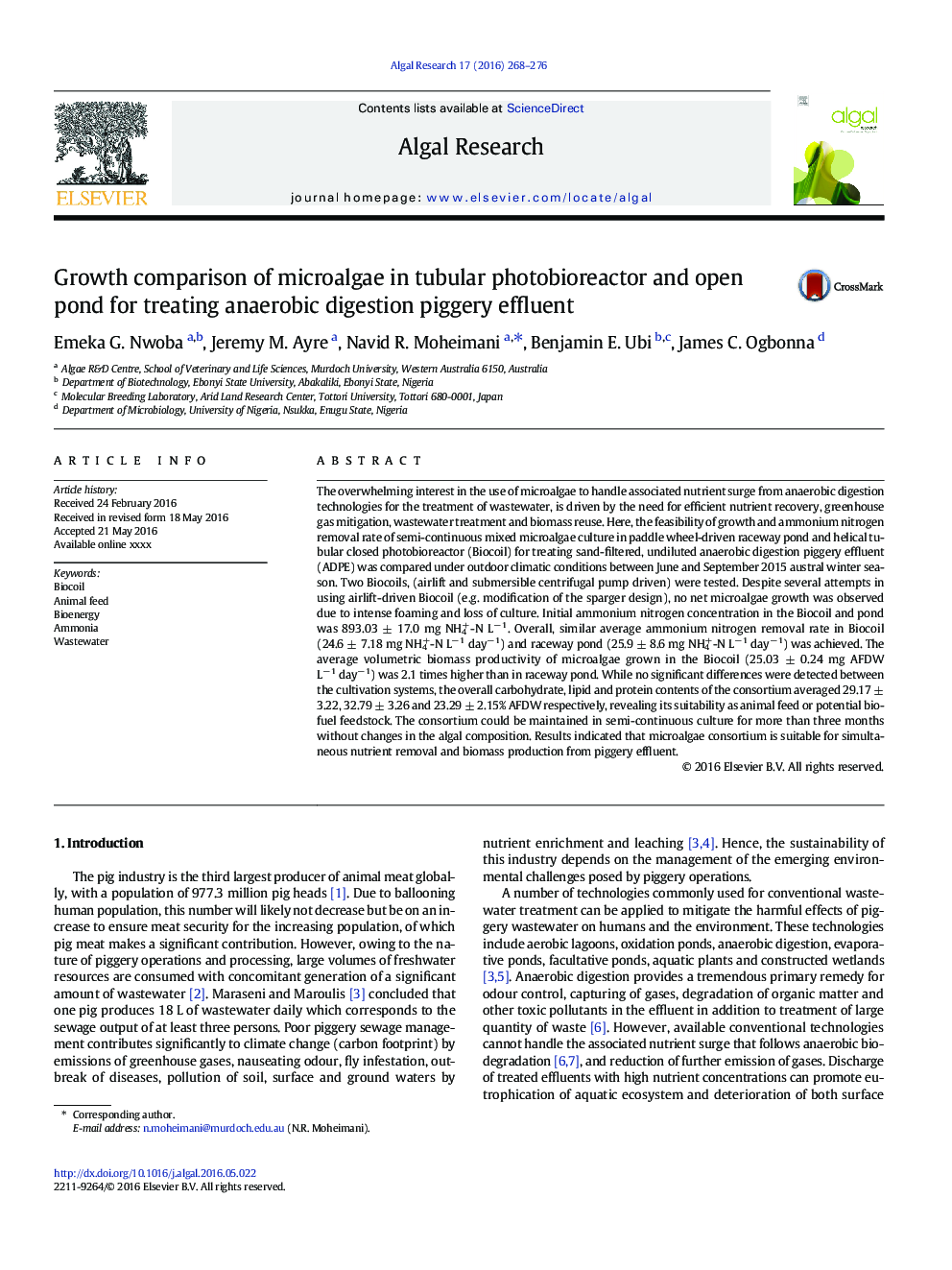 Growth comparison of microalgae in tubular photobioreactor and open pond for treating anaerobic digestion piggery effluent