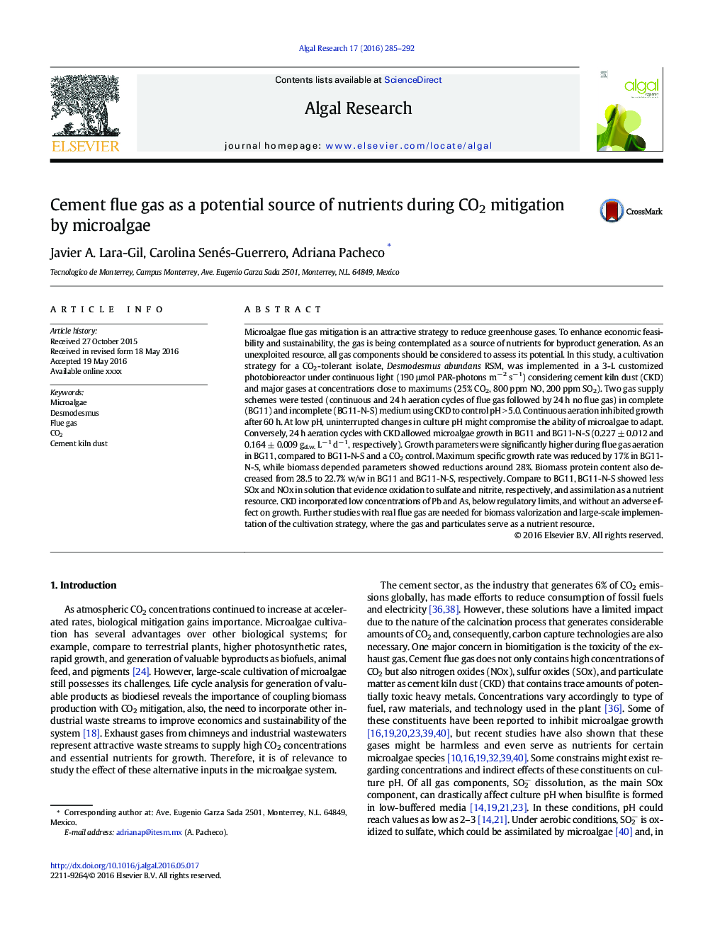 Cement flue gas as a potential source of nutrients during CO2 mitigation by microalgae