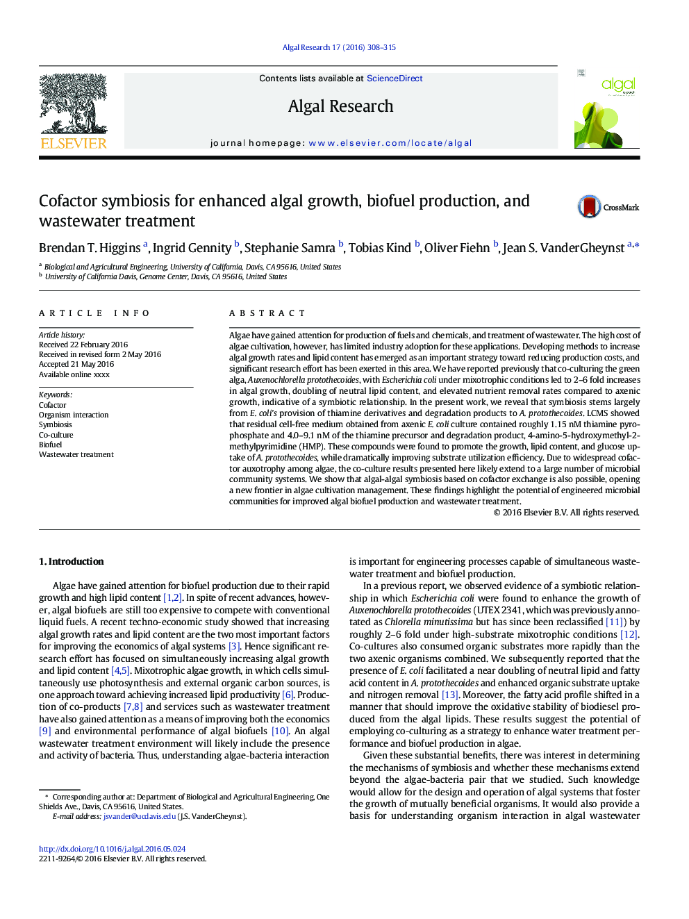 Cofactor symbiosis for enhanced algal growth, biofuel production, and wastewater treatment