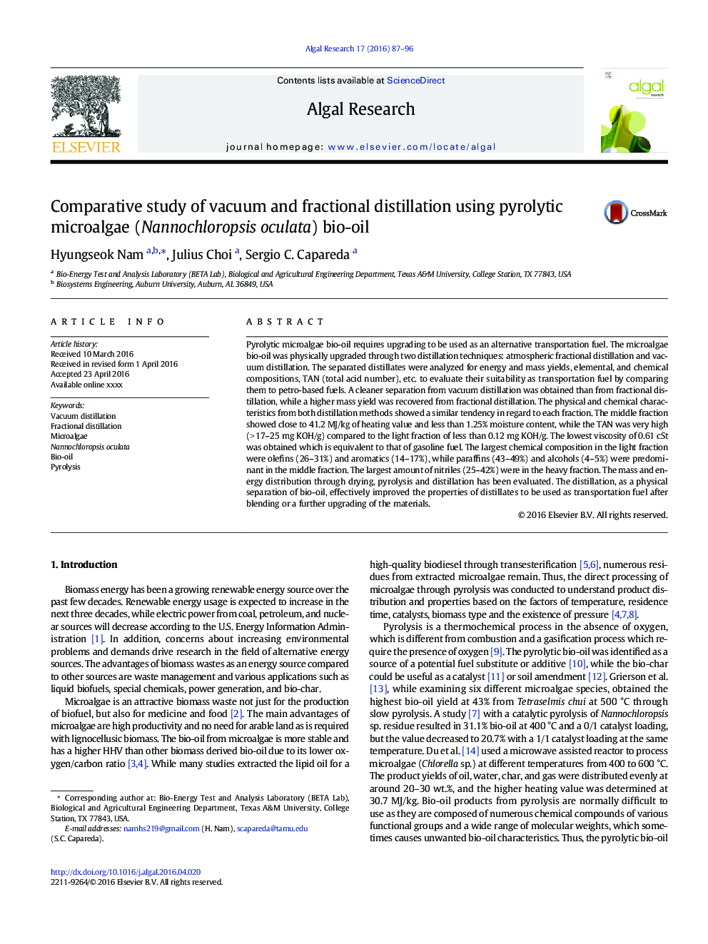 Comparative study of vacuum and fractional distillation using pyrolytic microalgae (Nannochloropsis oculata) bio-oil