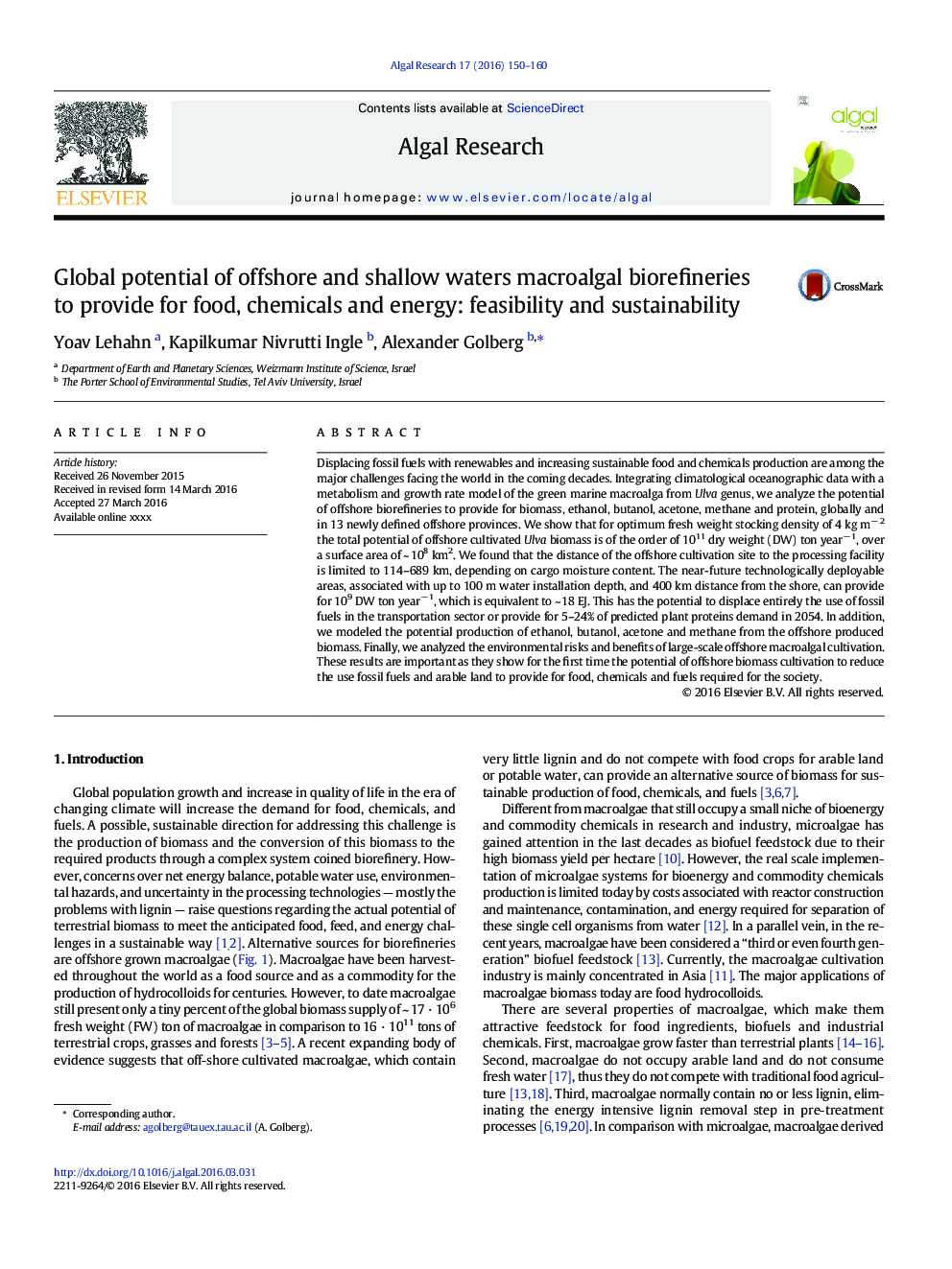 Global potential of offshore and shallow waters macroalgal biorefineries to provide for food, chemicals and energy: feasibility and sustainability