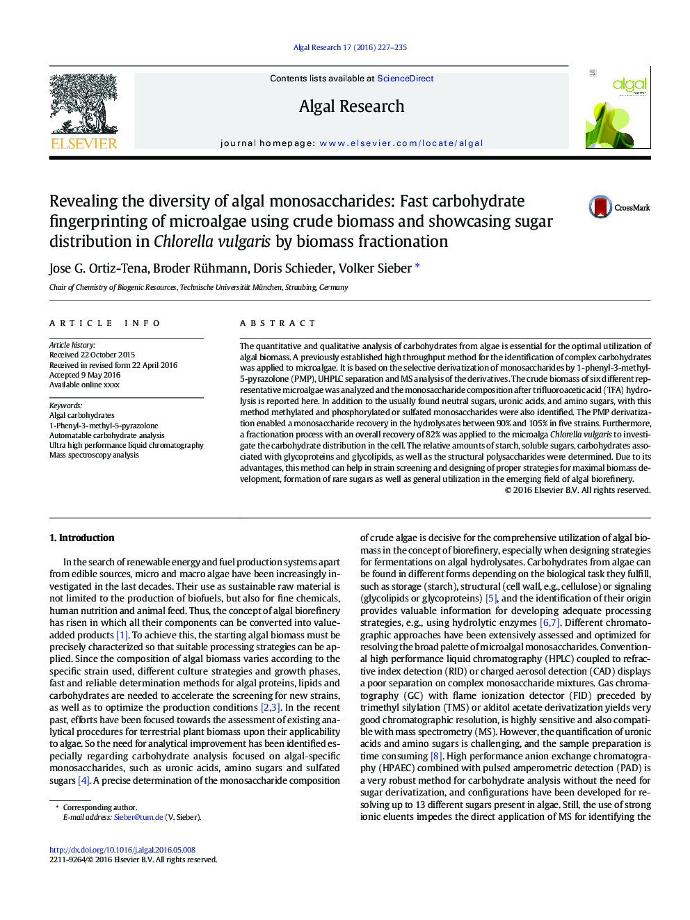 Revealing the diversity of algal monosaccharides: Fast carbohydrate fingerprinting of microalgae using crude biomass and showcasing sugar distribution in Chlorella vulgaris by biomass fractionation