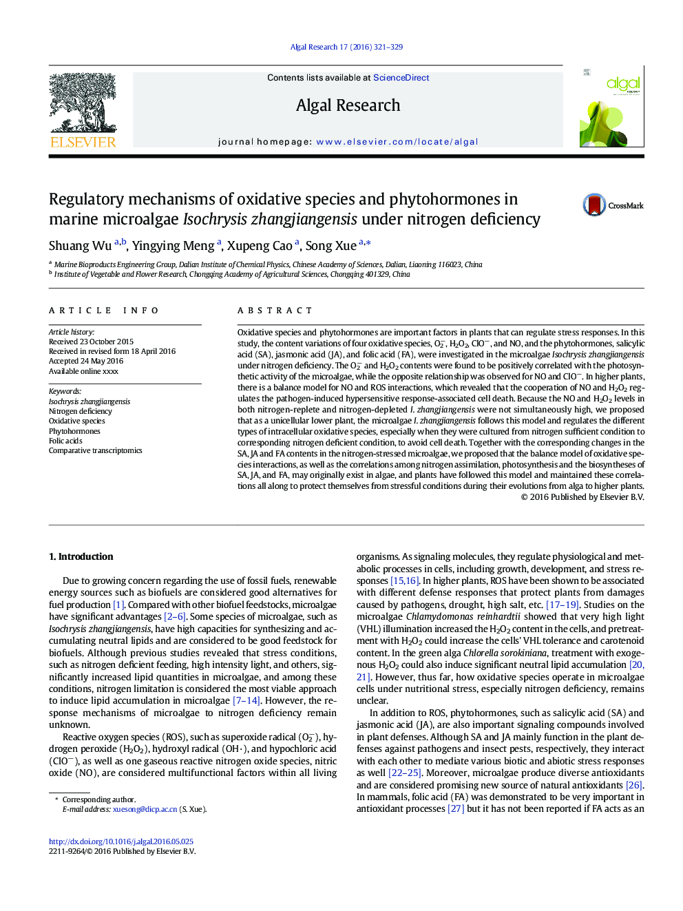Regulatory mechanisms of oxidative species and phytohormones in marine microalgae Isochrysis zhangjiangensis under nitrogen deficiency