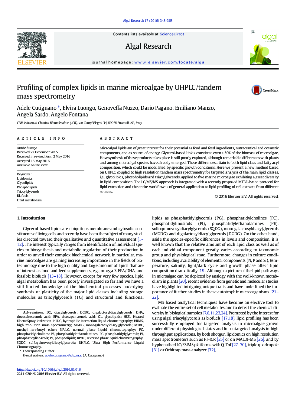 Profiling of complex lipids in marine microalgae by UHPLC/tandem mass spectrometry