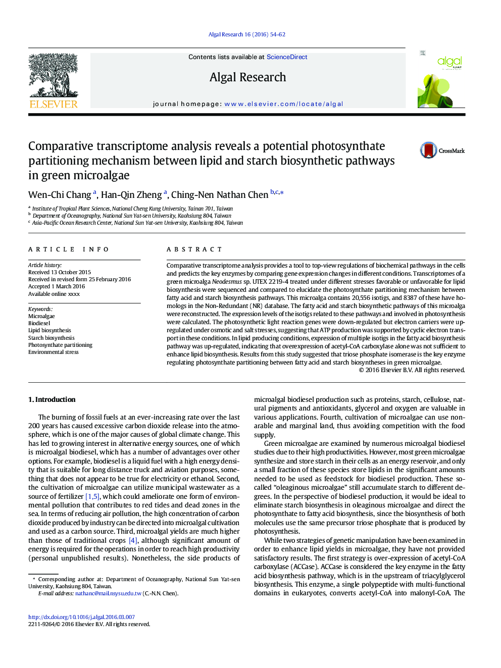 Comparative transcriptome analysis reveals a potential photosynthate partitioning mechanism between lipid and starch biosynthetic pathways in green microalgae