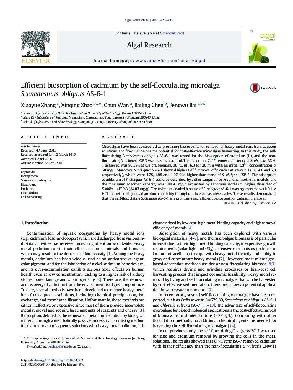 Efficient biosorption of cadmium by the self-flocculating microalga Scenedesmus obliquus AS-6-1