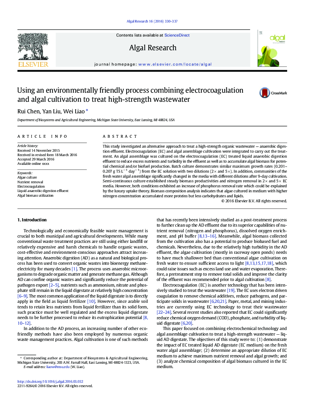 Using an environmentally friendly process combining electrocoagulation and algal cultivation to treat high-strength wastewater