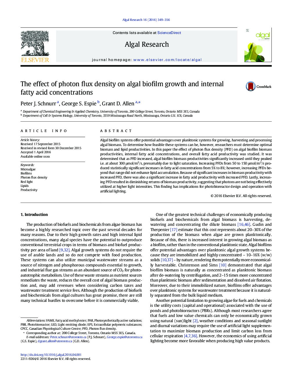 The effect of photon flux density on algal biofilm growth and internal fatty acid concentrations