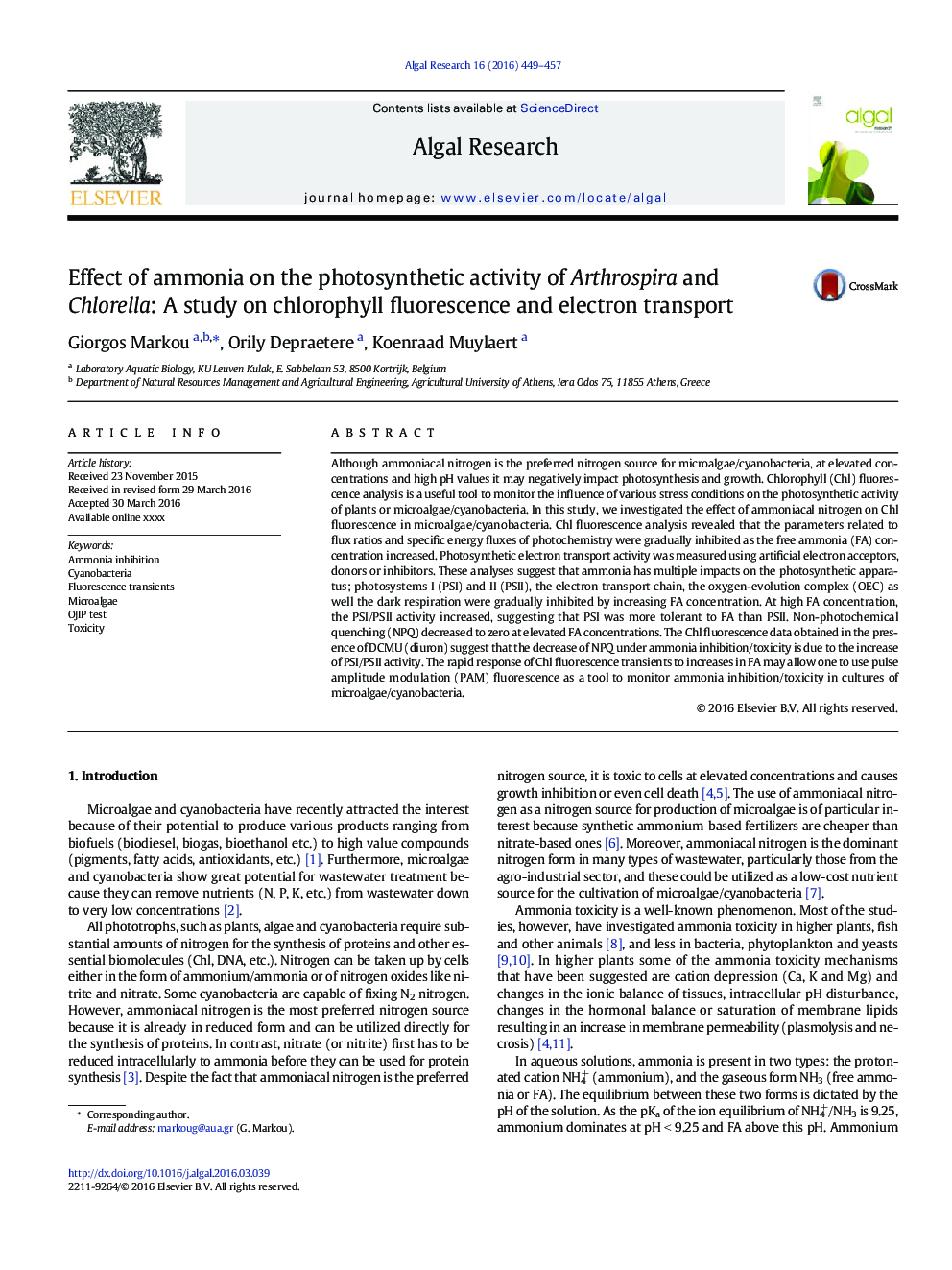Effect of ammonia on the photosynthetic activity of Arthrospira and Chlorella: A study on chlorophyll fluorescence and electron transport