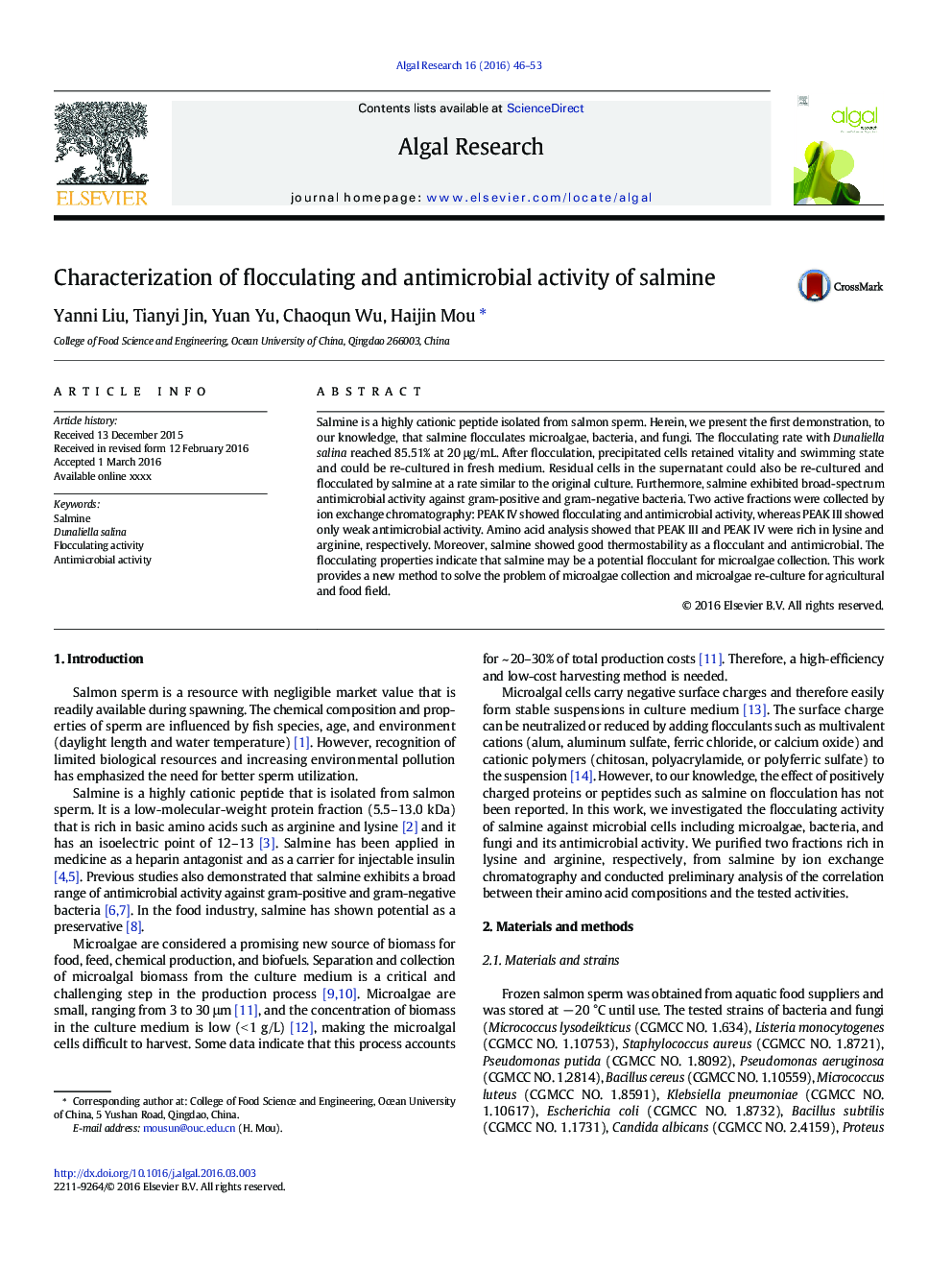 Characterization of flocculating and antimicrobial activity of salmine