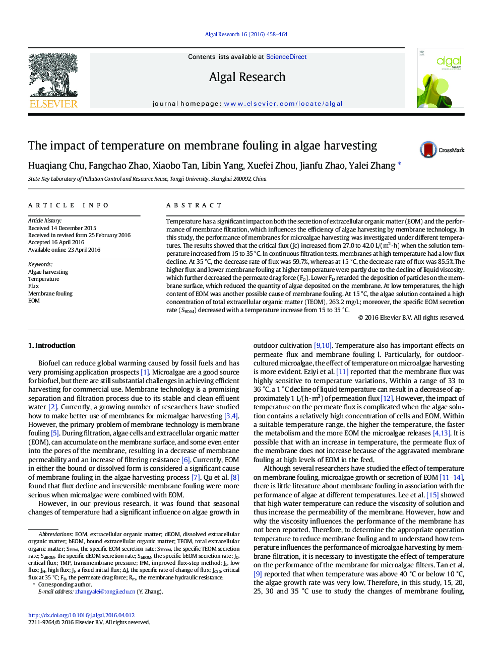 The impact of temperature on membrane fouling in algae harvesting