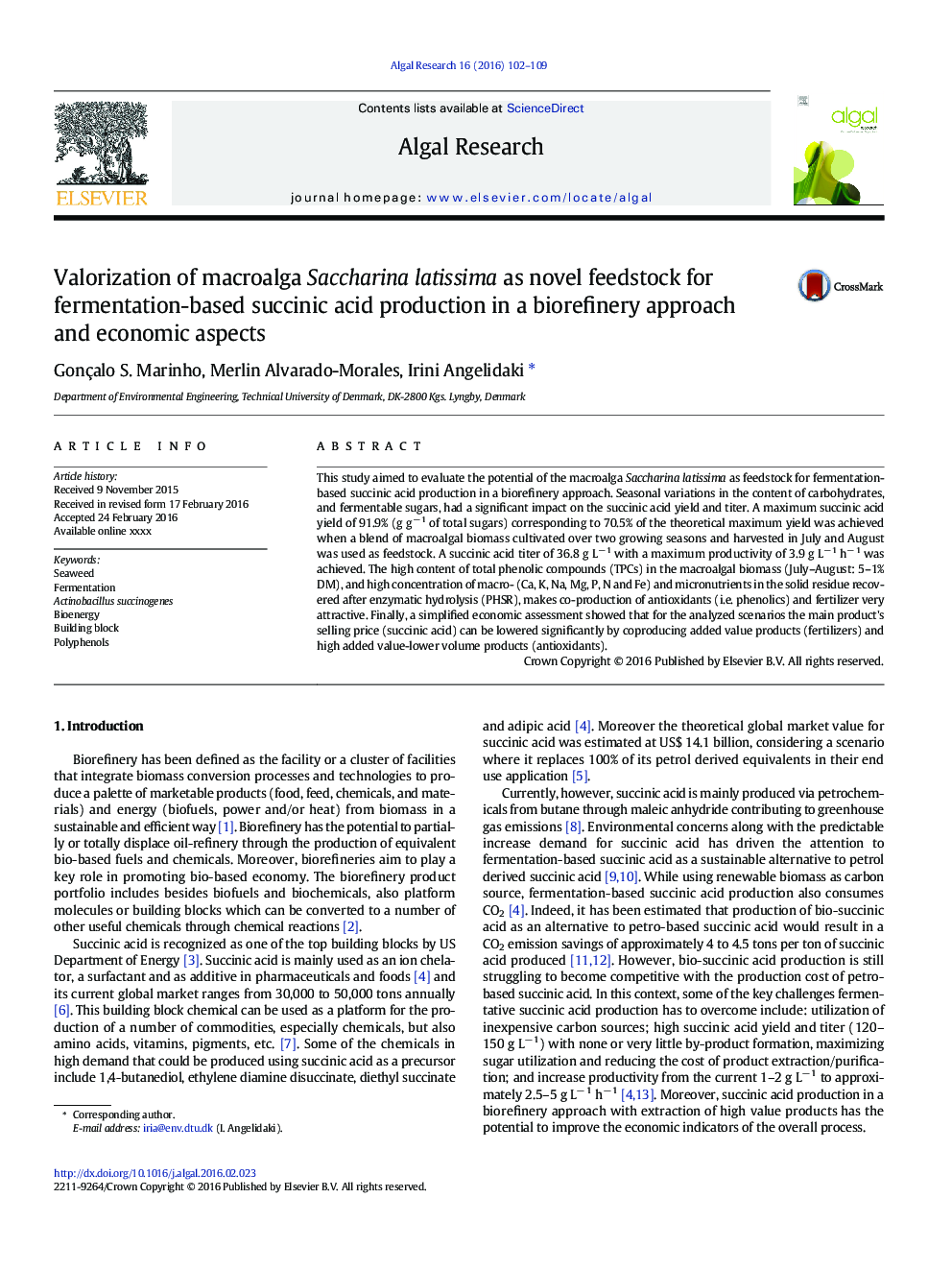Valorization of macroalga Saccharina latissima as novel feedstock for fermentation-based succinic acid production in a biorefinery approach and economic aspects