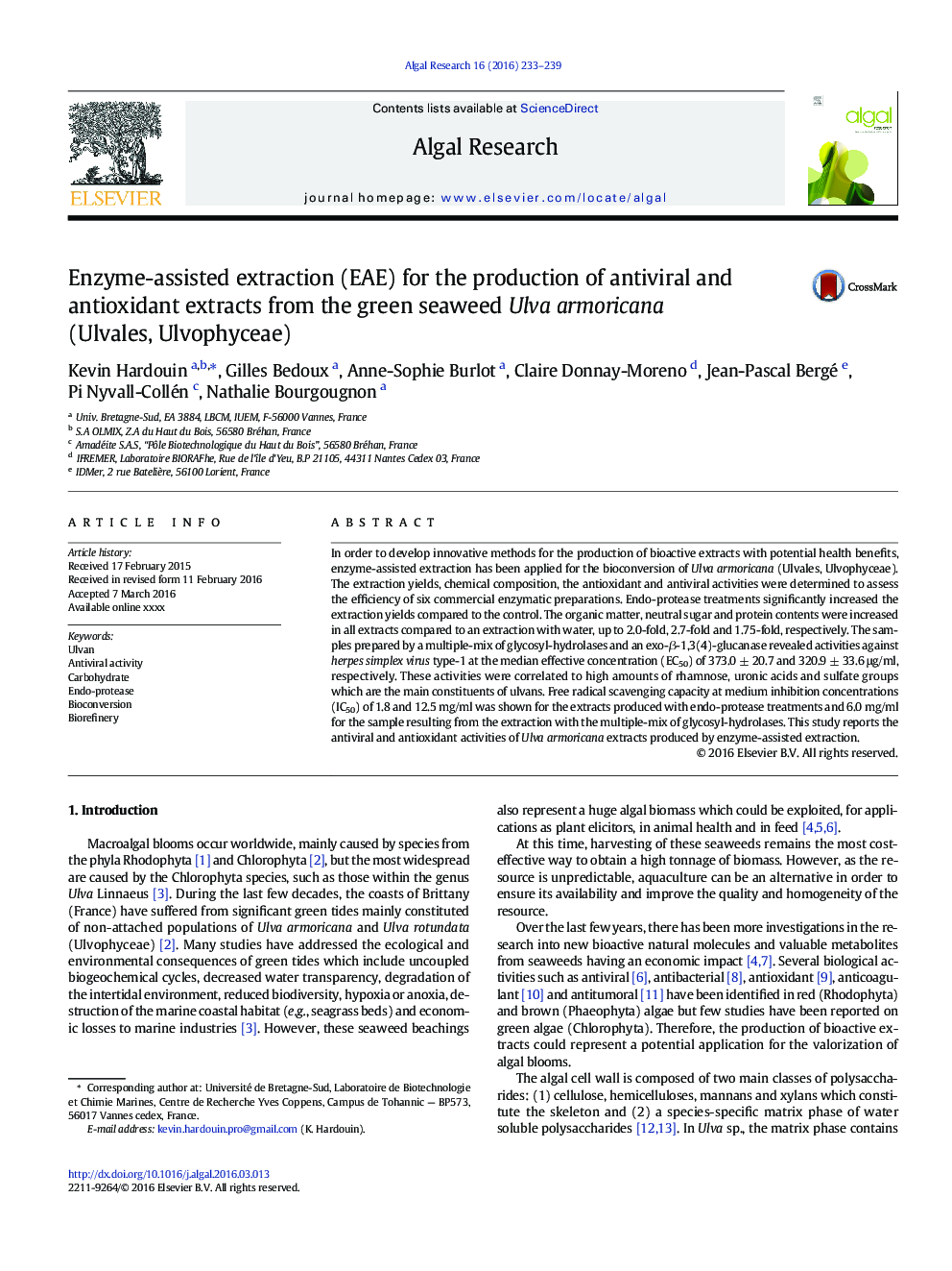 Enzyme-assisted extraction (EAE) for the production of antiviral and antioxidant extracts from the green seaweed Ulva armoricana (Ulvales, Ulvophyceae)