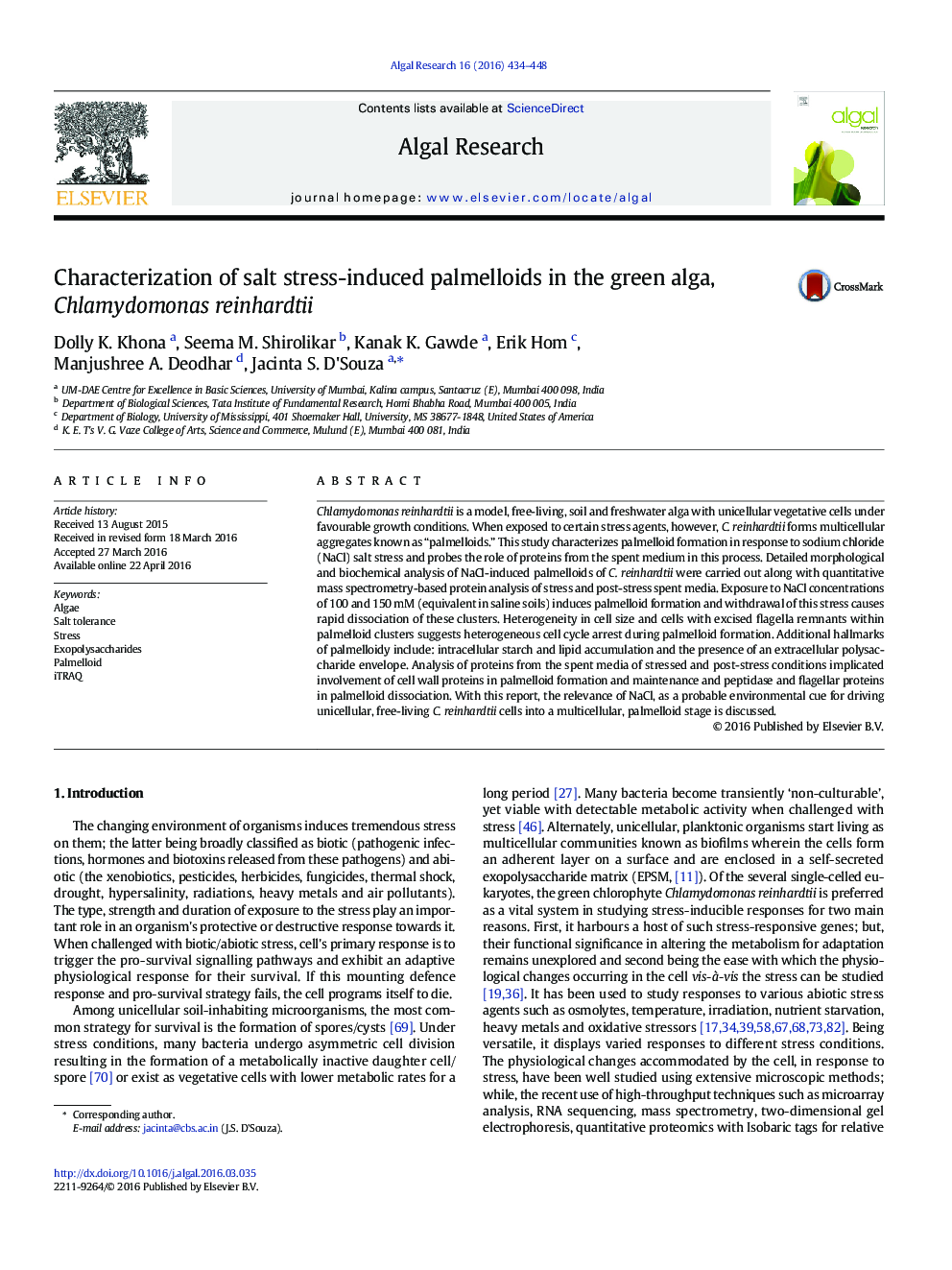 Characterization of salt stress-induced palmelloids in the green alga, Chlamydomonas reinhardtii