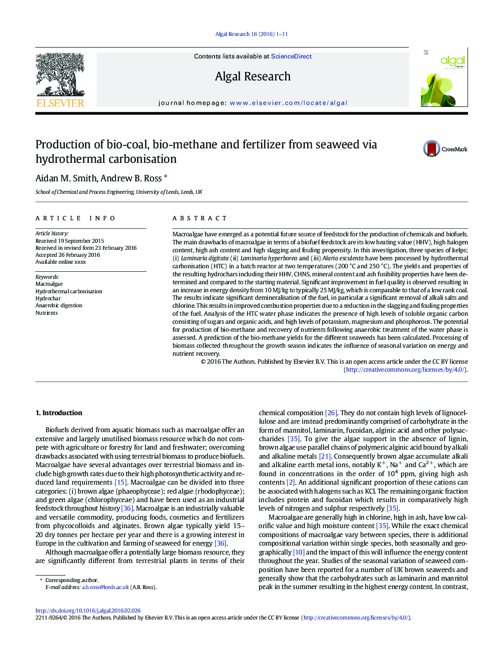 Production of bio-coal, bio-methane and fertilizer from seaweed via hydrothermal carbonisation