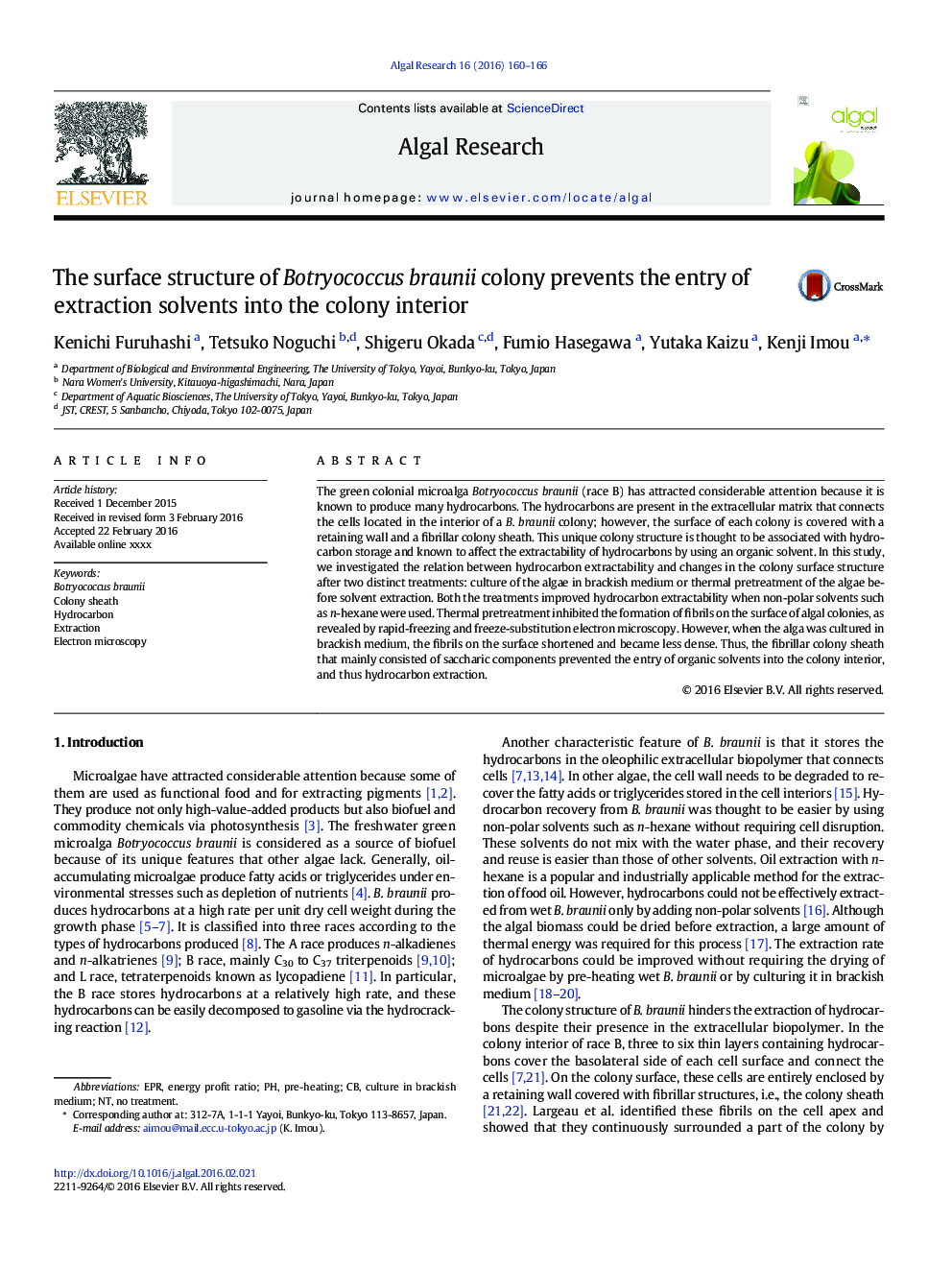 The surface structure of Botryococcus braunii colony prevents the entry of extraction solvents into the colony interior