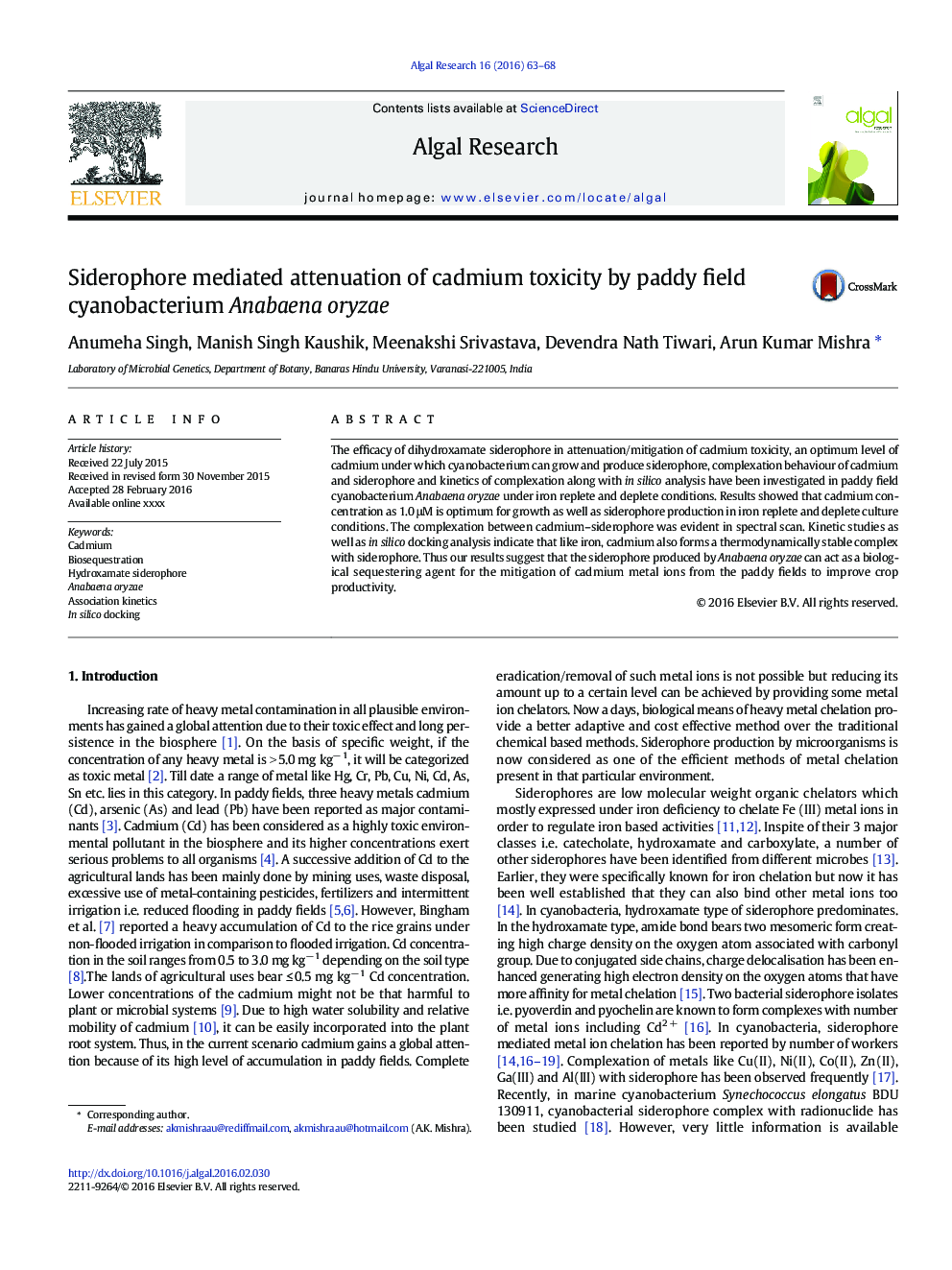 Siderophore mediated attenuation of cadmium toxicity by paddy field cyanobacterium Anabaena oryzae