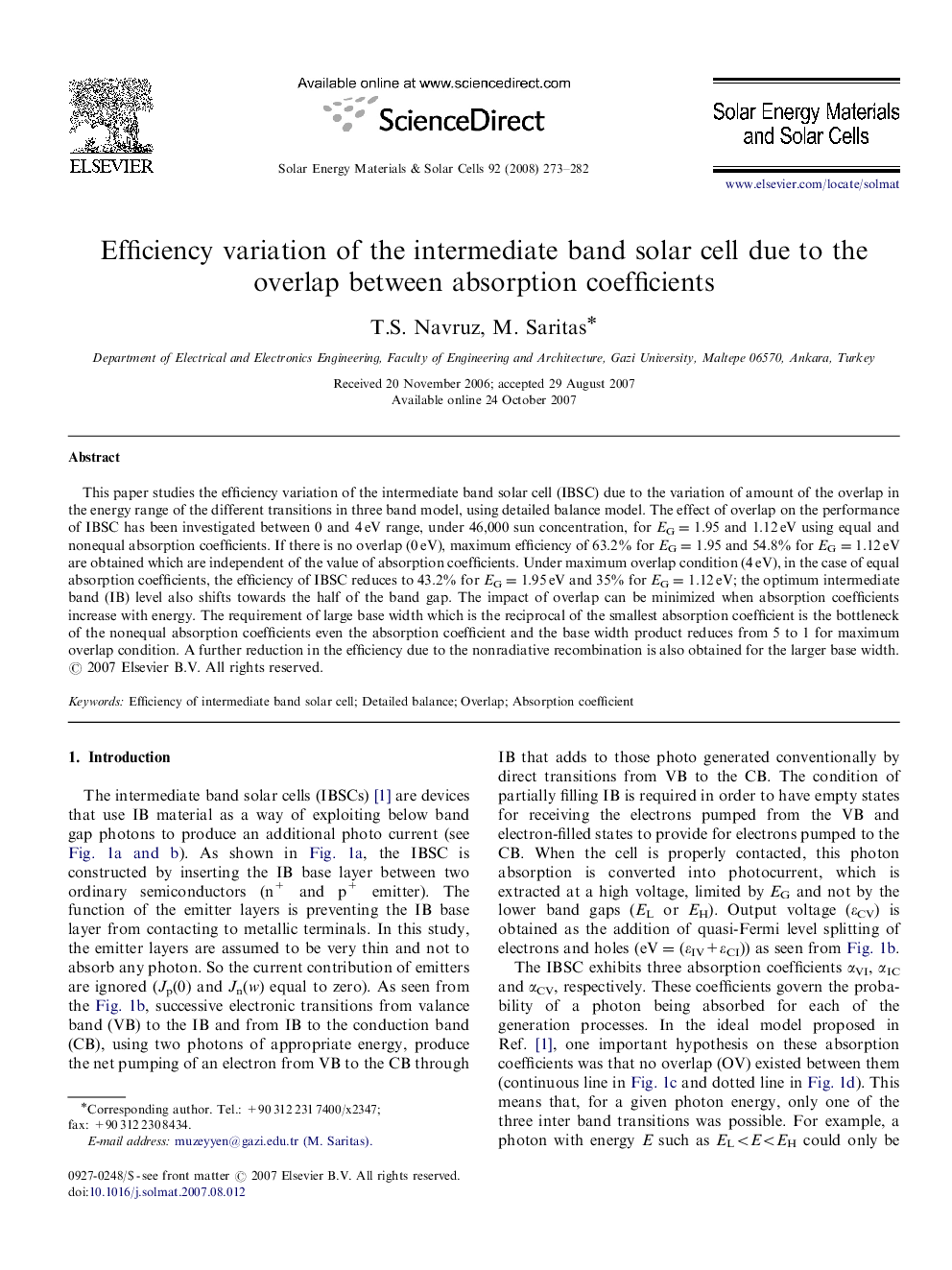 Efficiency variation of the intermediate band solar cell due to the overlap between absorption coefficients