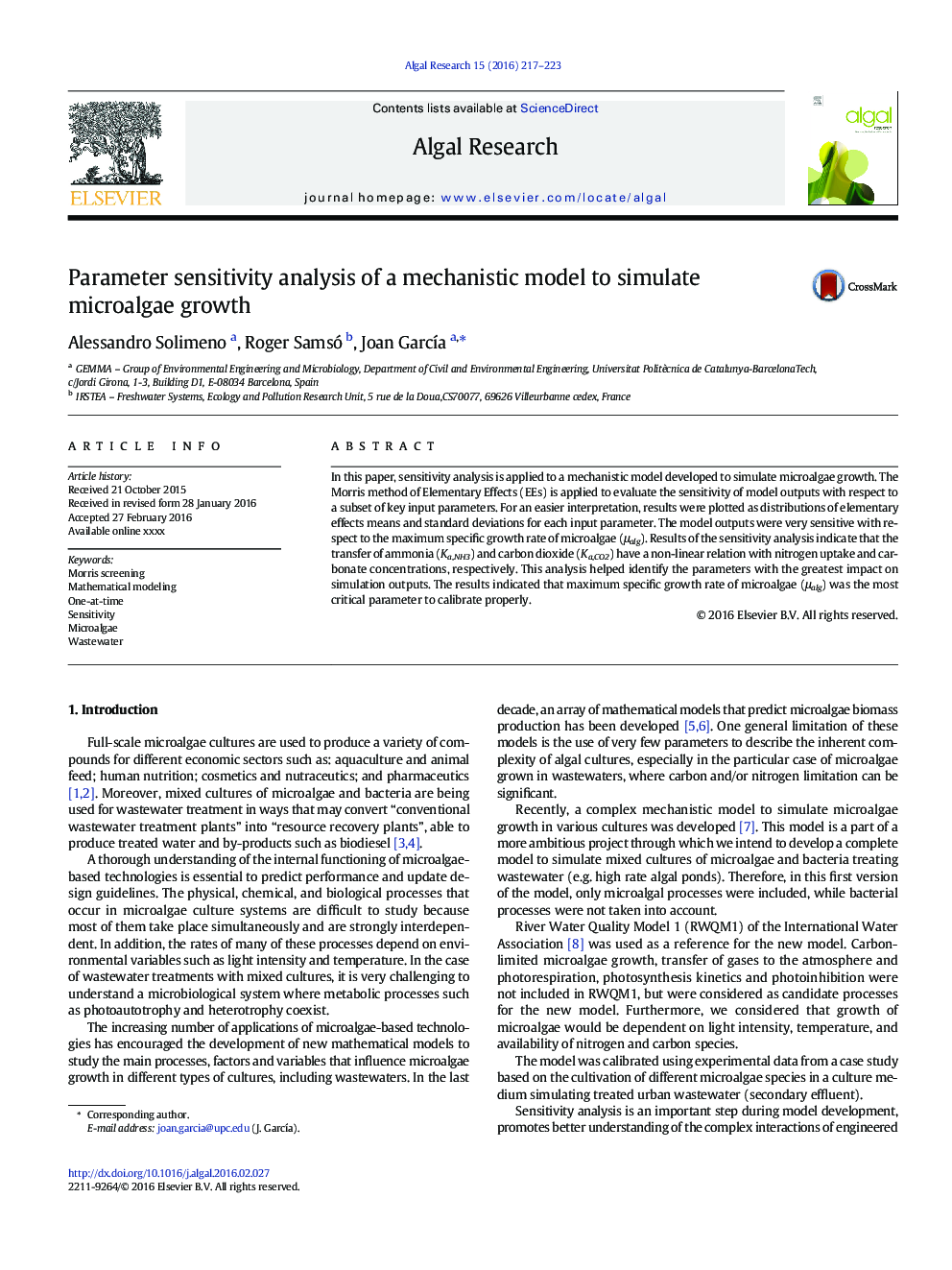 Parameter sensitivity analysis of a mechanistic model to simulate microalgae growth