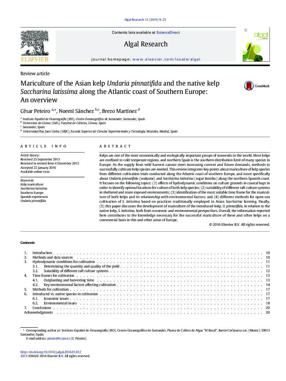 Mariculture of the Asian kelp Undaria pinnatifida and the native kelp Saccharina latissima along the Atlantic coast of Southern Europe: An overview