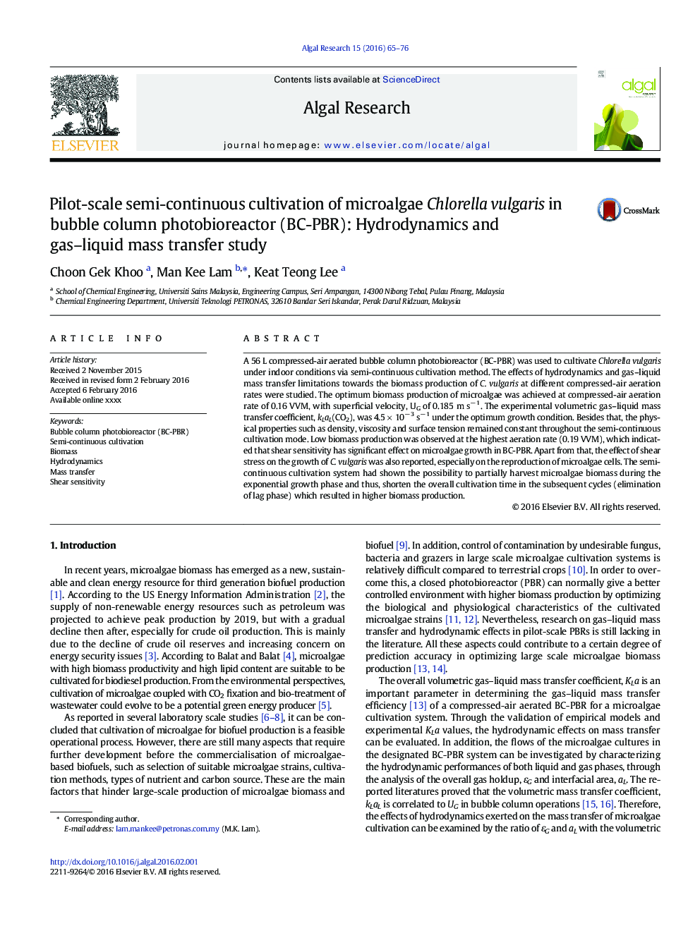 Pilot-scale semi-continuous cultivation of microalgae Chlorella vulgaris in bubble column photobioreactor (BC-PBR): Hydrodynamics and gas-liquid mass transfer study