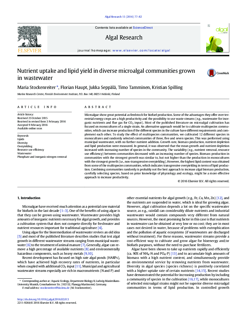 Nutrient uptake and lipid yield in diverse microalgal communities grown in wastewater