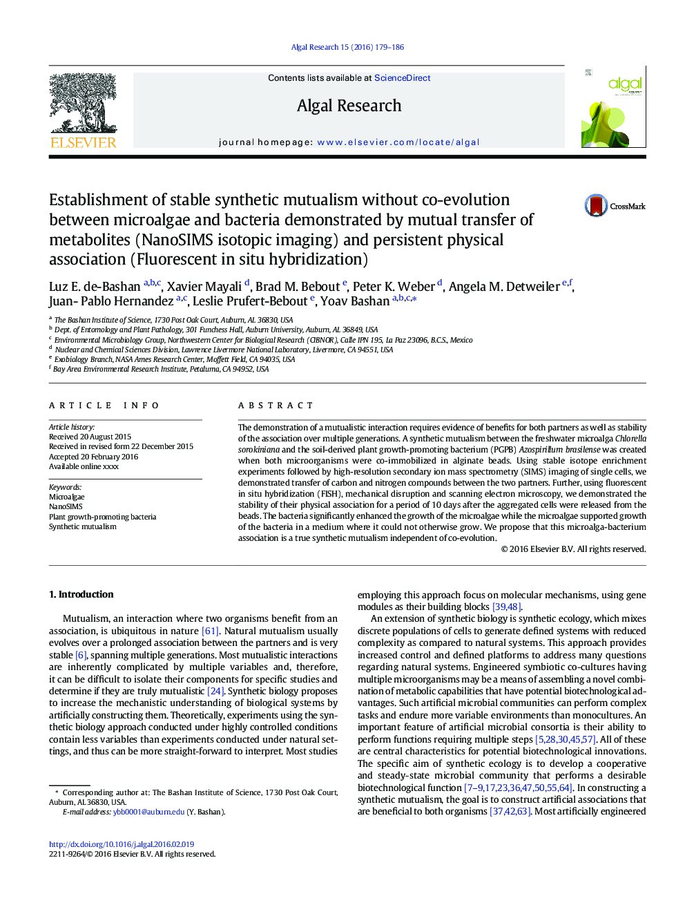 Establishment of stable synthetic mutualism without co-evolution between microalgae and bacteria demonstrated by mutual transfer of metabolites (NanoSIMS isotopic imaging) and persistent physical association (Fluorescent in situ hybridization)