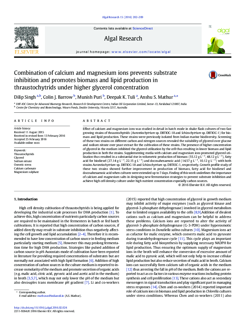 Combination of calcium and magnesium ions prevents substrate inhibition and promotes biomass and lipid production in thraustochytrids under higher glycerol concentration